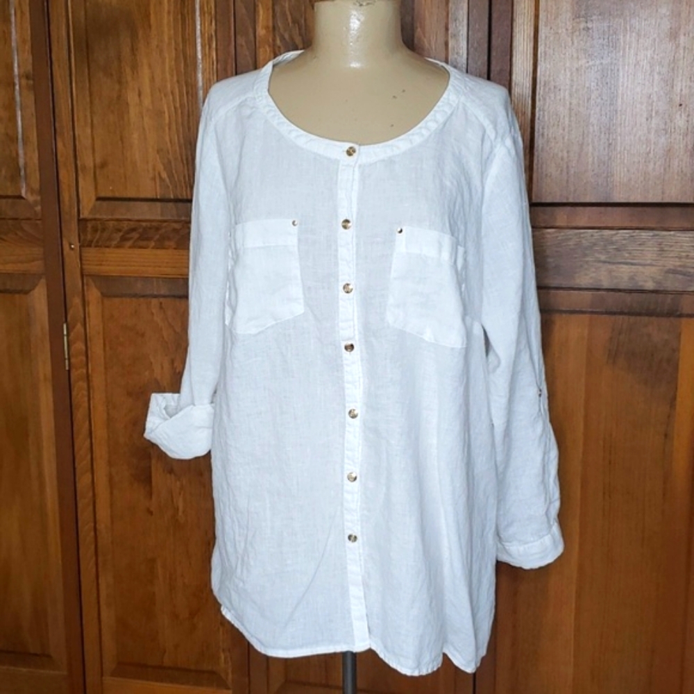 JM Collection NWOT White Linen Button Front Blouse Top Sz 18W